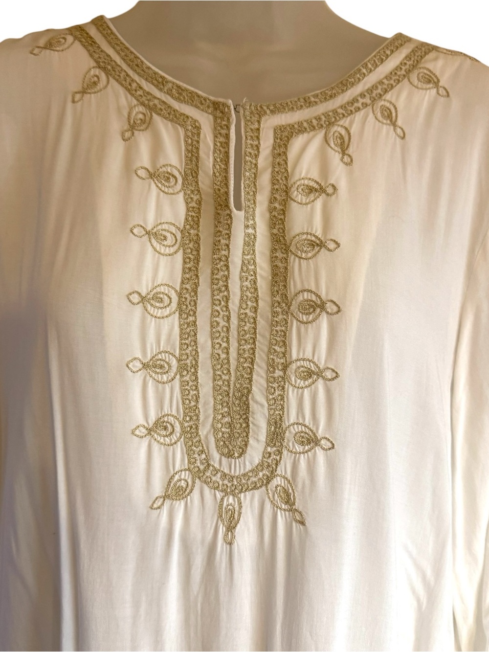 CHICO'S Cream Tunic w/Natural/Gold Embroidery 3/4 Sleeves MEDIUM #V - Picture 2 of 9